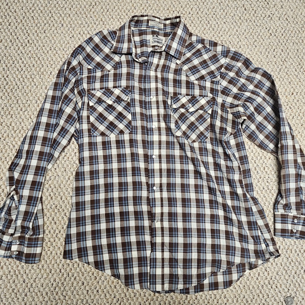 Vintage Levi's Plaid Snap Button Up Western Shirt Blue And Brown Size L